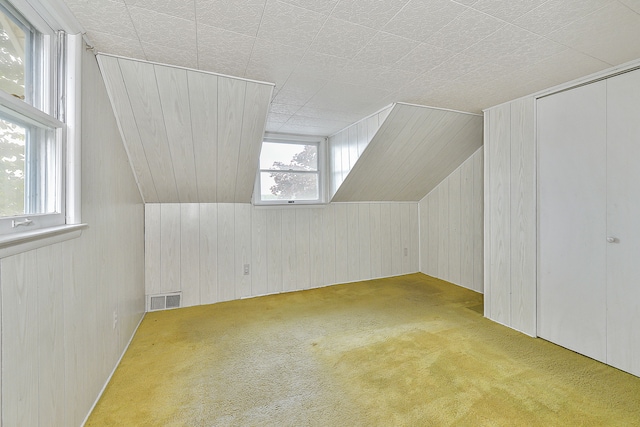 additional living space featuring plenty of natural light, light colored carpet, and vaulted ceiling