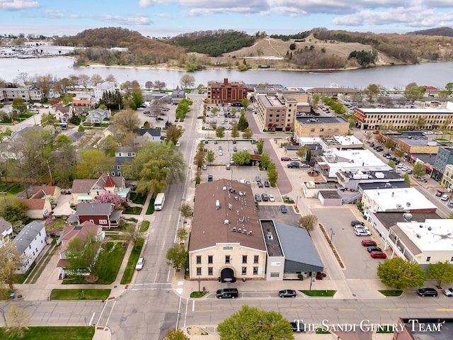 aerial view featuring a water view