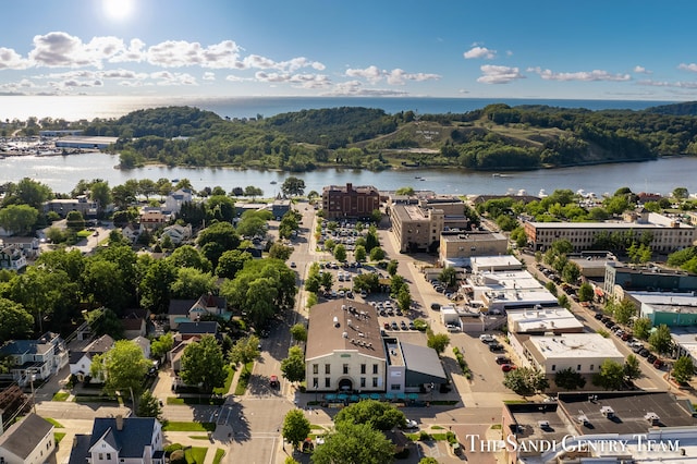 bird's eye view with a water view