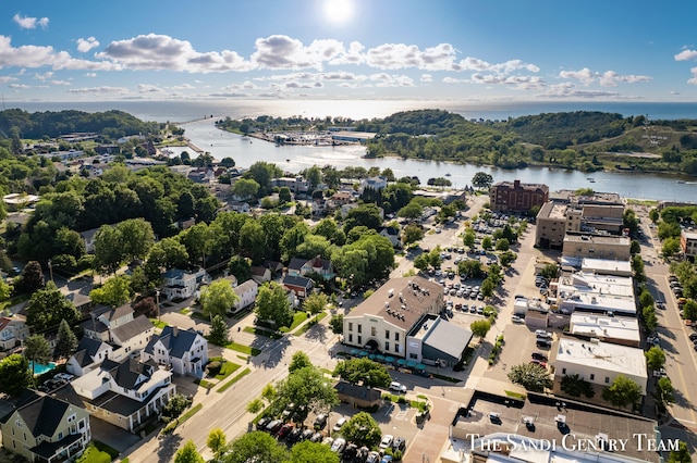 drone / aerial view featuring a water view