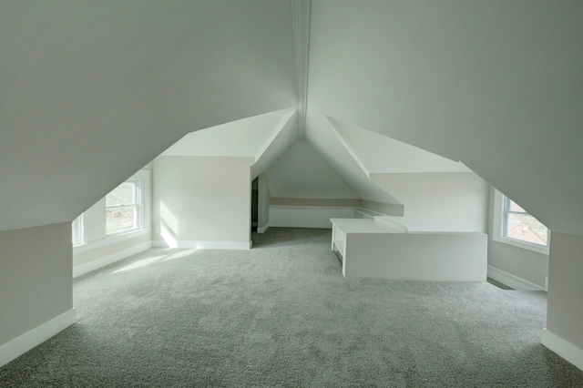 additional living space with light colored carpet, a healthy amount of sunlight, and vaulted ceiling