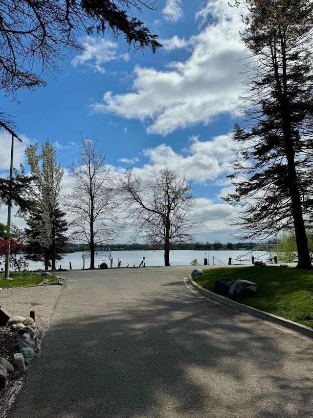 view of road with a water view