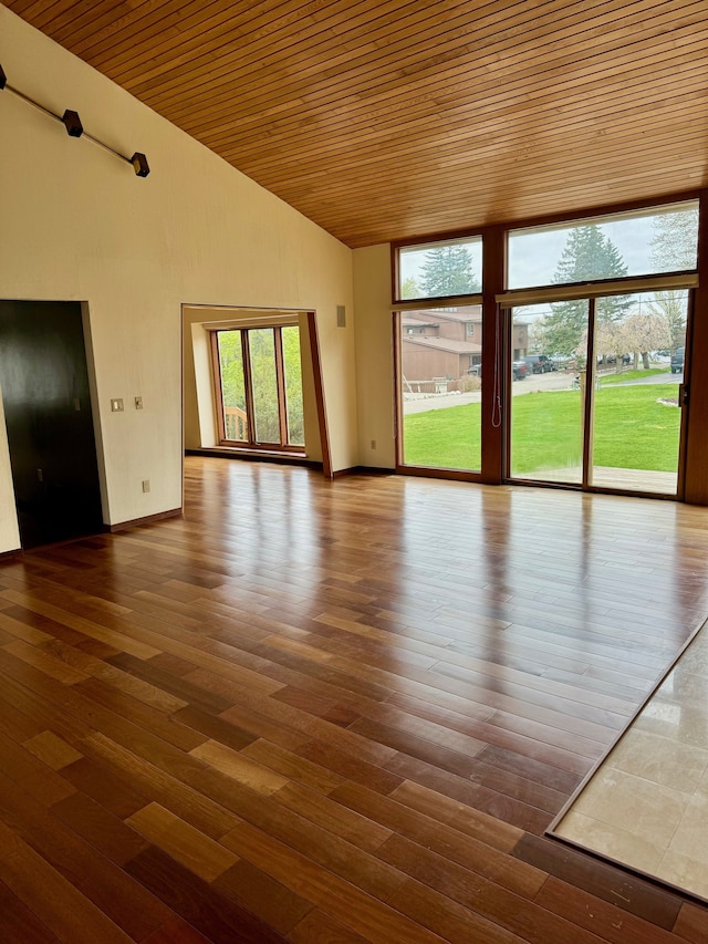 unfurnished living room with wood ceiling and hardwood / wood-style flooring