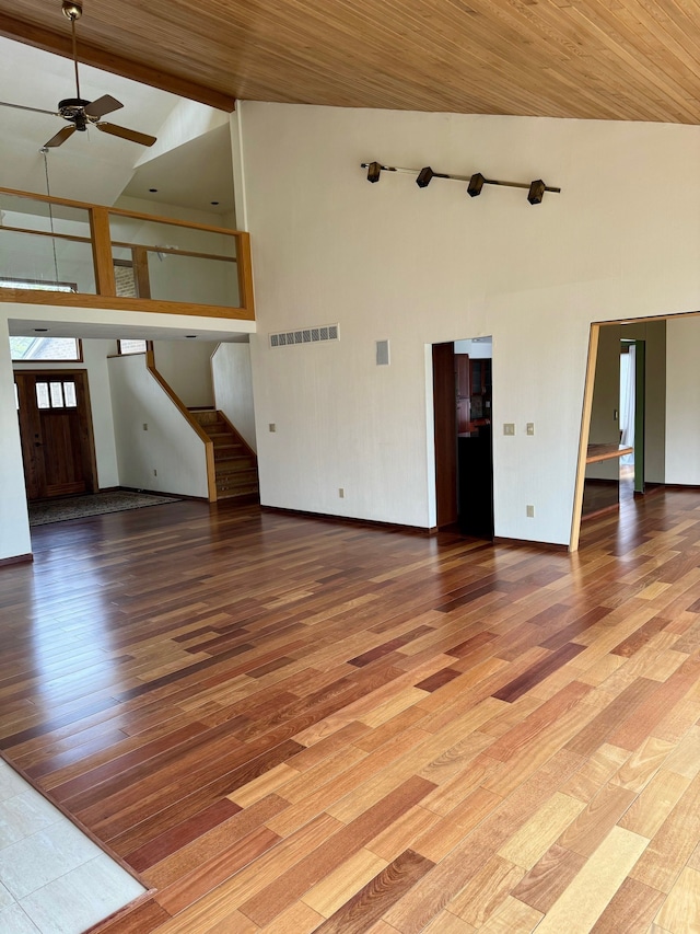 unfurnished living room with ceiling fan, wood-type flooring, and high vaulted ceiling