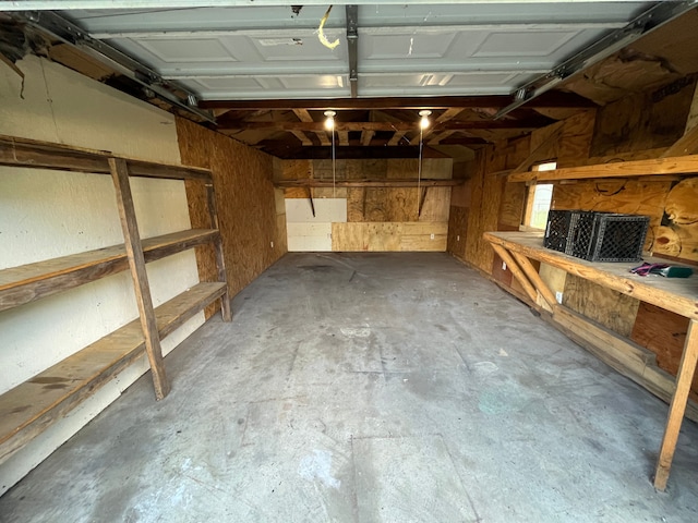 garage with a workshop area