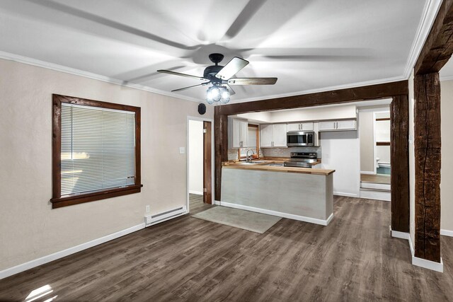 kitchen with sink, a baseboard heating unit, kitchen peninsula, hardwood / wood-style floors, and ornamental molding