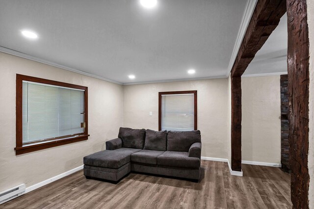 living room with a baseboard radiator, hardwood / wood-style flooring, and ornamental molding