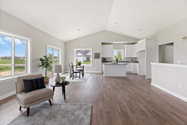 living area featuring dark wood-type flooring and vaulted ceiling