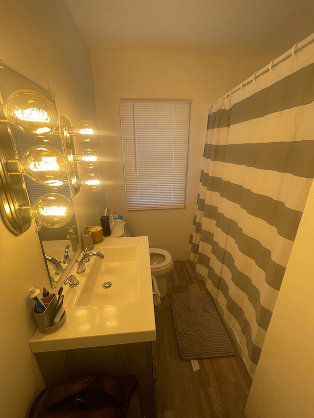 bathroom featuring vanity, hardwood / wood-style flooring, and toilet