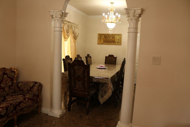 carpeted dining area featuring a notable chandelier, crown molding, and decorative columns