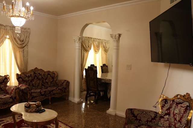 living room with an inviting chandelier and ornamental molding