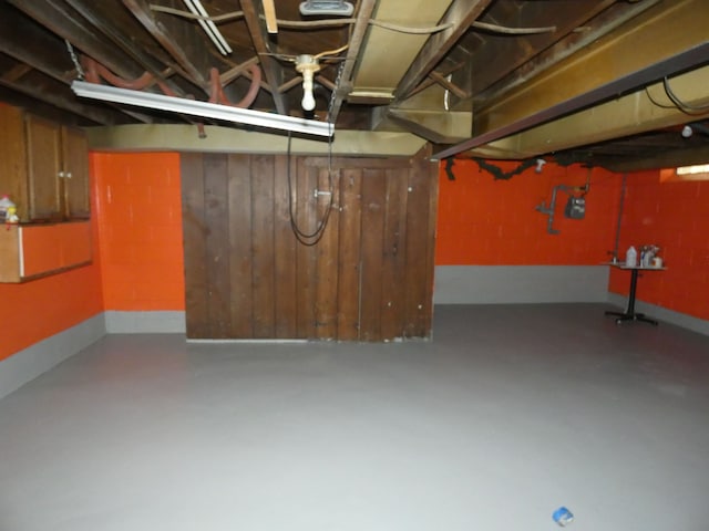 basement featuring wooden walls