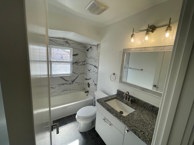 bathroom with vanity, shower / bathing tub combination, toilet, and visible vents