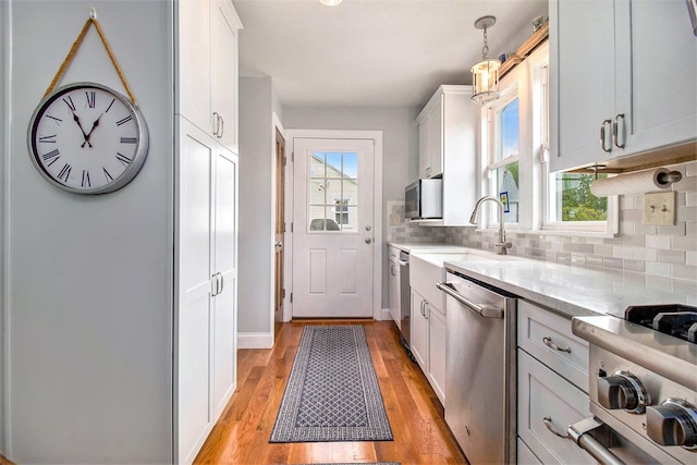 kitchen with a healthy amount of sunlight, light hardwood / wood-style floors, and stainless steel appliances