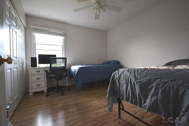 bedroom with ceiling fan, a closet, and dark wood-type flooring