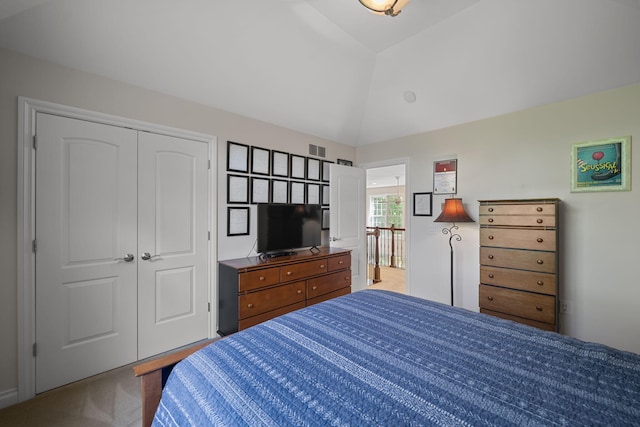 bedroom with a closet and lofted ceiling