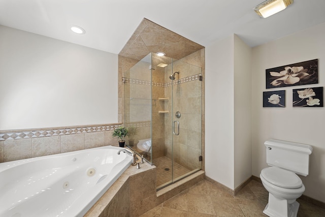 bathroom with tile patterned flooring, toilet, and plus walk in shower