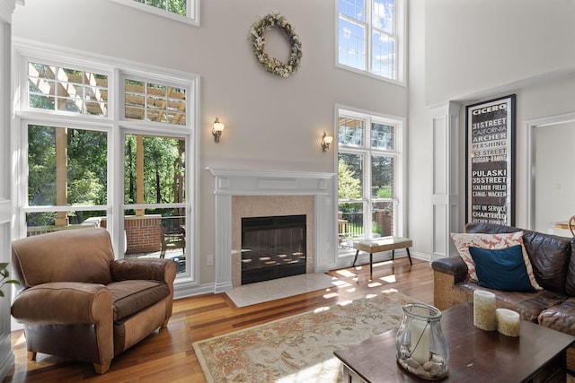 living room with light hardwood / wood-style flooring and a high ceiling