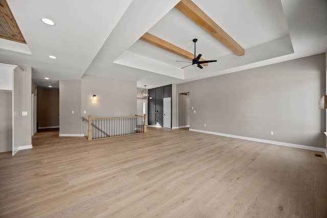 unfurnished living room featuring beamed ceiling, ceiling fan, a raised ceiling, and light hardwood / wood-style floors