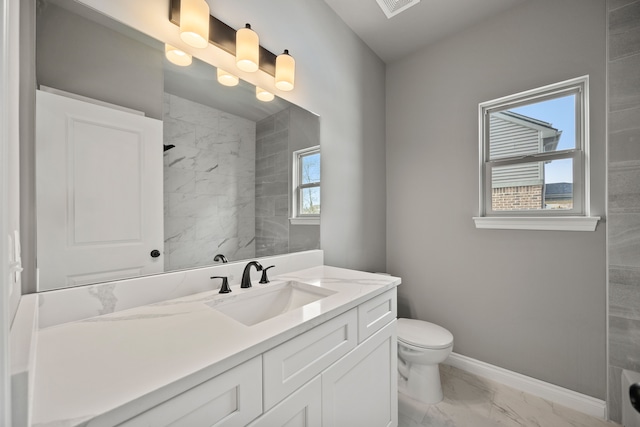 35873 Glenville Dr, New Baltimore, MI 48047 - bathroom featuring vanity, toilet, a shower, marble finish floor, and baseboards
