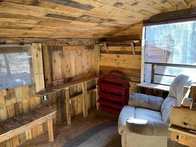 sitting room with wood walls, wooden ceiling, and vaulted ceiling