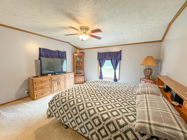 2314 Revolt Rd, Manistee, MI 49660 - carpeted bedroom featuring crown molding, a textured ceiling, and a ceiling fan