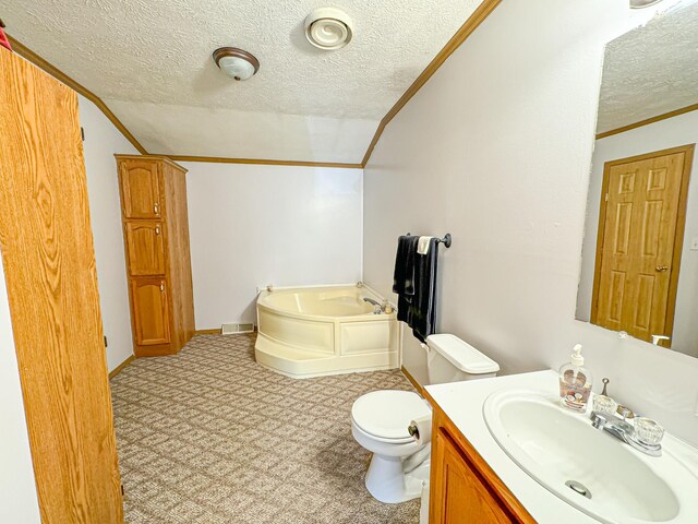 2314 Revolt Rd, Manistee, MI 49660 - full bathroom featuring crown molding, a textured ceiling, a garden tub, vanity, and toilet