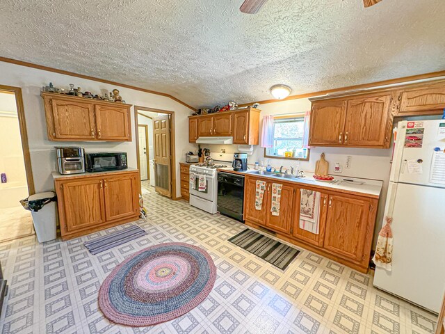 2314 Revolt Rd, Manistee, MI 49660 - kitchen with black appliances, under cabinet range hood, light countertops, crown molding, and a sink
