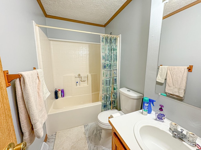 2314 Revolt Rd, Manistee, MI 49660 - bathroom with crown molding, toilet, shower / bath combo, vanity, and a textured ceiling