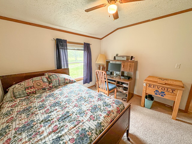 bedroom featuring carpet flooring, ceiling fan, a textured ceiling, and vaulted ceiling