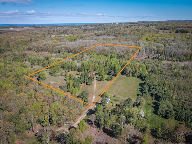 2314 Revolt Rd, Manistee, MI 49660 - aerial view of property and surrounding area with a heavily wooded area and property boundaries highlighted