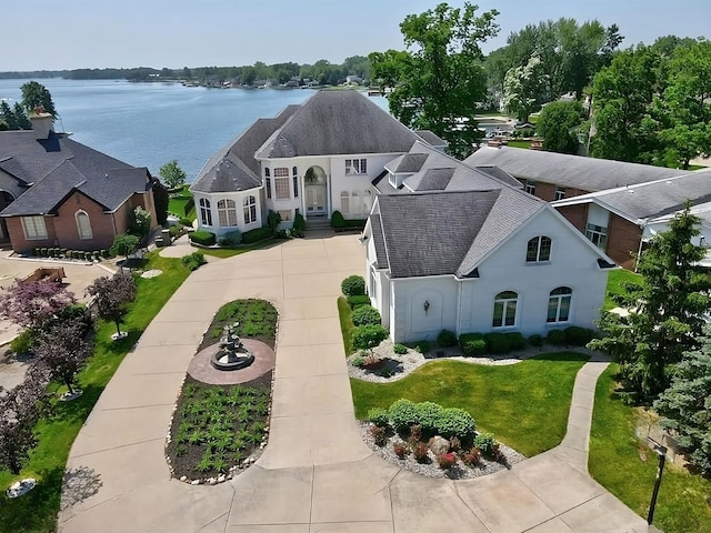 drone / aerial view featuring a water view