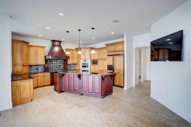 kitchen featuring pendant lighting, a breakfast bar, a center island, backsplash, and premium range hood