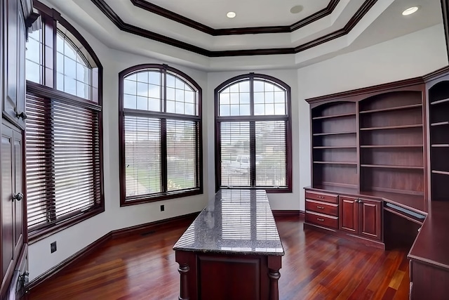 office area featuring a tray ceiling, dark hardwood / wood-style floors, and ornamental molding