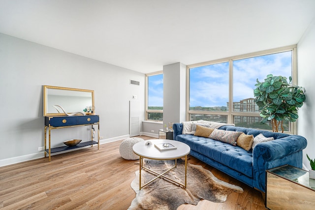 living room featuring a wealth of natural light, hardwood / wood-style floors, and expansive windows