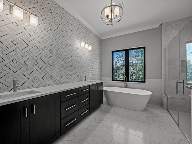 bathroom with vanity, ornamental molding, tile walls, independent shower and bath, and a chandelier