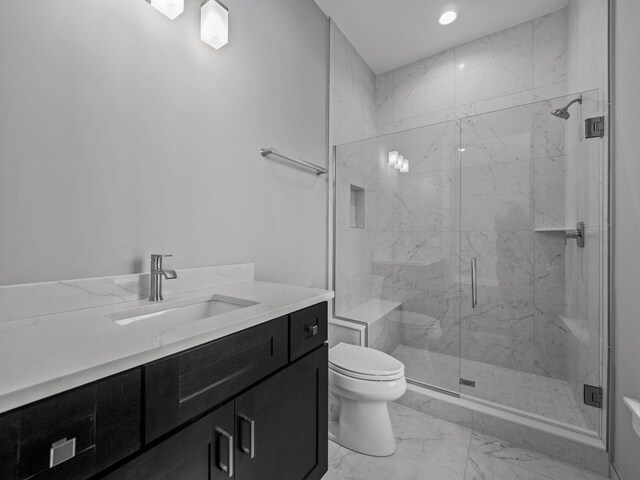 2605 Fairway, Rochester, MI 48306 - full bathroom with toilet, a marble finish shower, marble look tiles, vanity, and recessed lighting