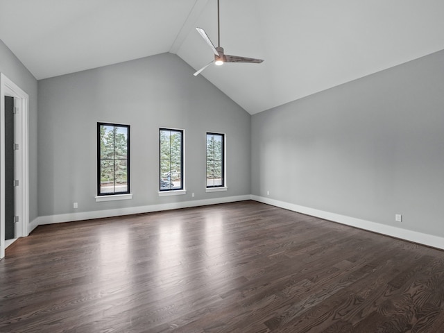 unfurnished room featuring high vaulted ceiling, ceiling fan, and dark wood-type flooring