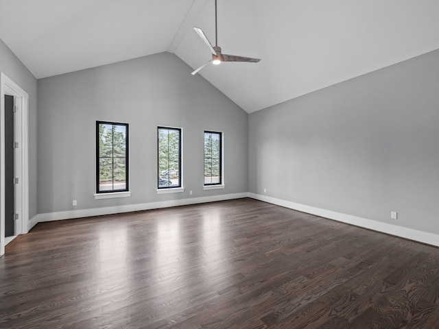 2605 Fairway, Rochester, MI 48306 - unfurnished living room featuring high vaulted ceiling, ceiling fan, dark wood-style flooring, and baseboards