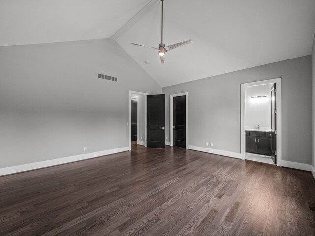2605 Fairway, Rochester, MI 48306 - unfurnished bedroom featuring high vaulted ceiling, dark wood-style floors, baseboards, a ceiling fan, and connected bathroom