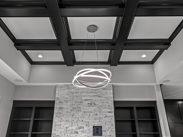 2605 Fairway, Rochester, MI 48306 - detailed view of coffered ceiling, recessed lighting, a chandelier, beamed ceiling, and built in features