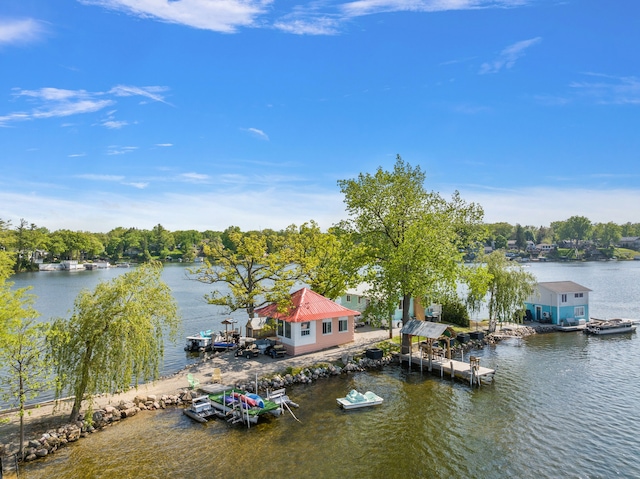 view of water feature with a dock