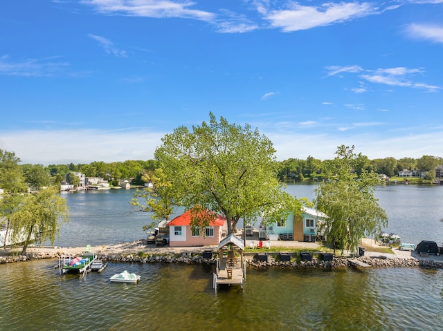 view of water feature with a dock