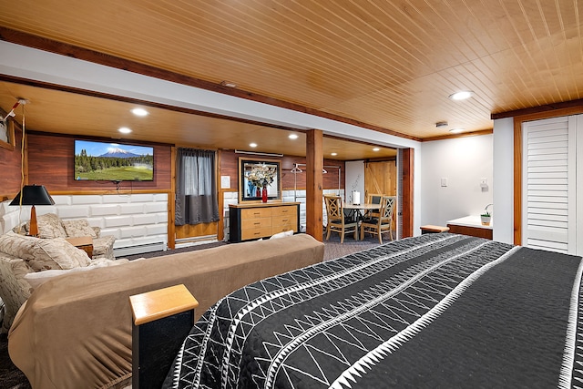 bedroom featuring ornamental molding and wood ceiling