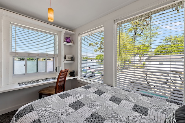 bedroom featuring a water view