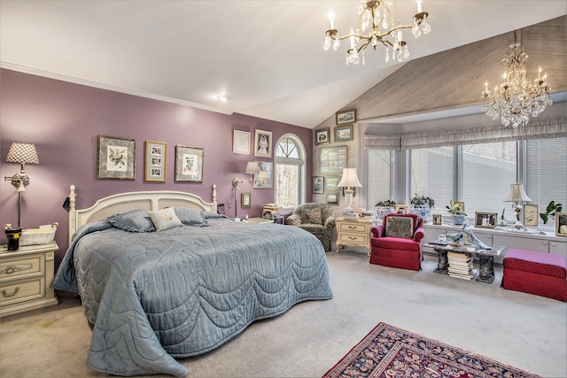 carpeted bedroom featuring a chandelier, high vaulted ceiling, and multiple windows