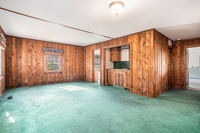 unfurnished living room with wooden walls, sink, and carpet