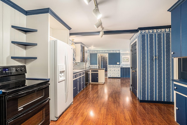 kitchen with backsplash, track lighting, blue cabinets, dark wood-type flooring, and black appliances