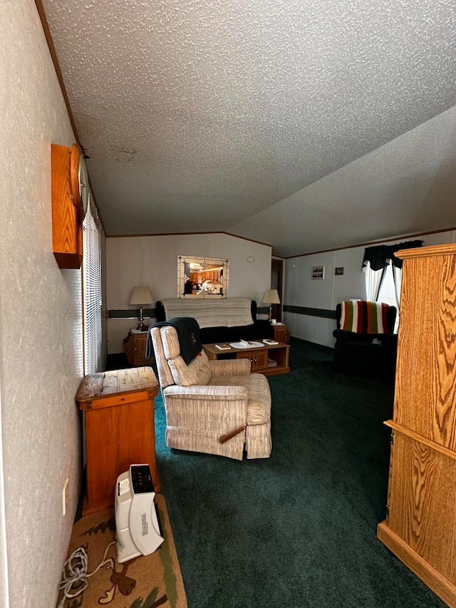 carpeted bedroom featuring lofted ceiling and a textured ceiling