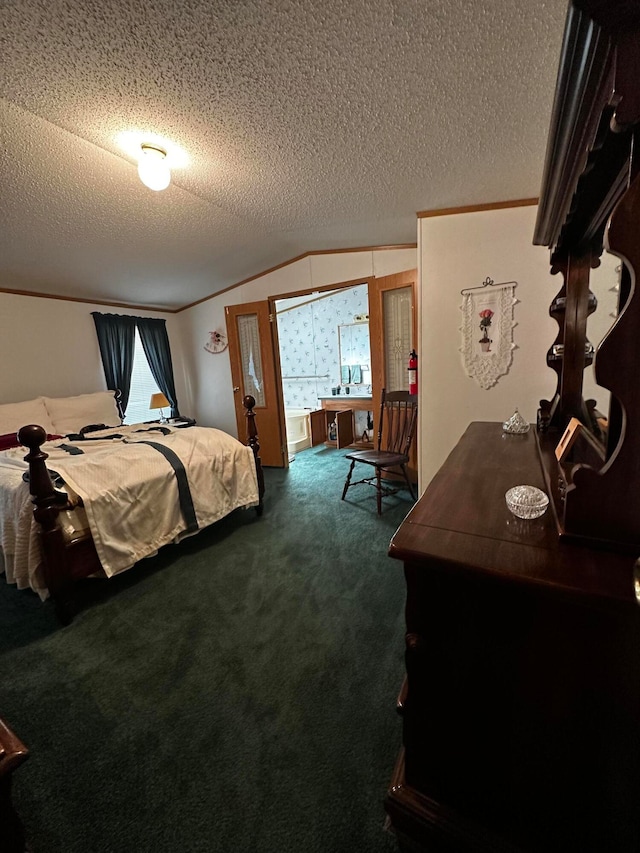 carpeted bedroom with lofted ceiling and a textured ceiling